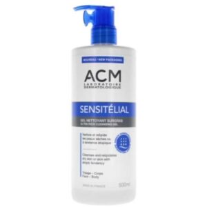 Gel nettoyant surgras ACM Sensitelial 500 ml, douceur et hydratation pour peaux sensibles, disponible en parapharmacie à Kénitra et parapharmacie en ligne.