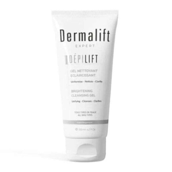 Gel nettoyant éclaircissant Dermalift Depilift 200 ml, adapté à tous types de peaux, élimine les impuretés et unifie le teint, disponible en parapharmacie à Kénitra et parapharmacie en ligne.